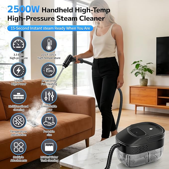 Pressurized Handheld Steam Cleaner 2500W, 54oz Large-Capacity Steamer with 3-Level Adjustable Steam, 15s Heat-Up & 15Pcs Accessories â for Car, Tile, Grout, Couch, Floor, Bed, Dirt, Furniture