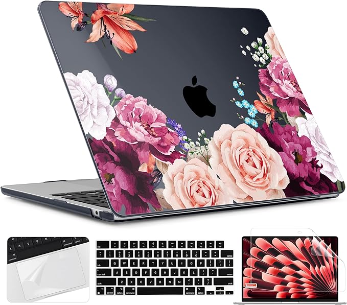 TWOLSKOO for MacBook Air 13 inch Case M5 2026 M4 2025 M3 M2 2024-2022 A3449 A3240 A3113 A2681, Plastic Hard Shell & Keyboard Cover & Screen Film for MacBook Air 13.6 inch Case, Black Peony
