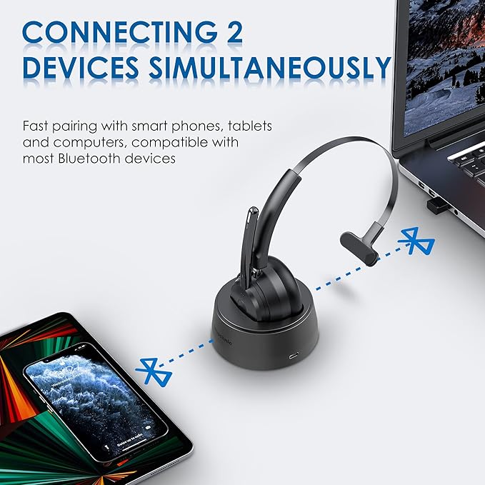 Mopchnic Bluetooth Headset, Wireless Headphone with Microphone for Computer, On Ear Bluetooth Headset with USB Dongle for Office Call Center Skype Zoom Meeting Online Class (Gray)