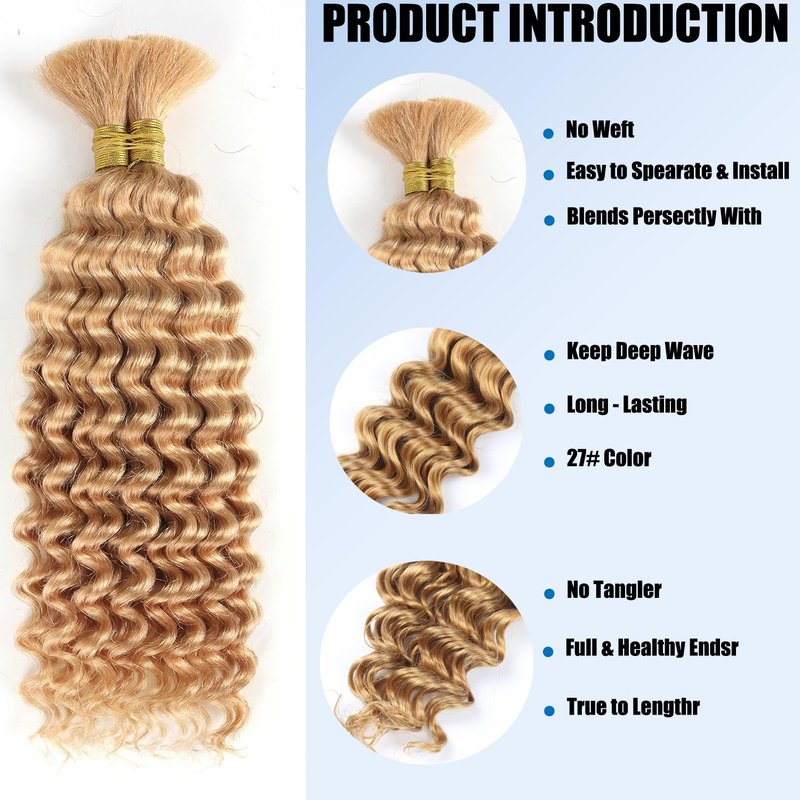 Human Braiding Hair - 24 Inch Deep Wave Extensions | 100g Bulk No Weft for Boho Box Braids - #27 Honey Blonde