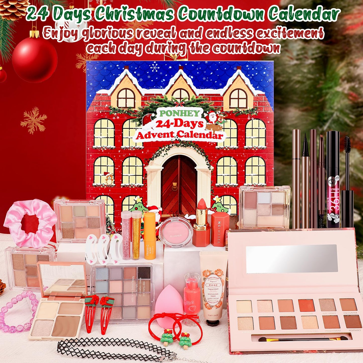 Ponhey Makeup Advent Calendar 2025,24 Days Christams Advent Beauty Calendar,Countdown Calendar For Girls Teens Women Adult,Xmas Holiday Beauty & Cosmetic Surprise Gift