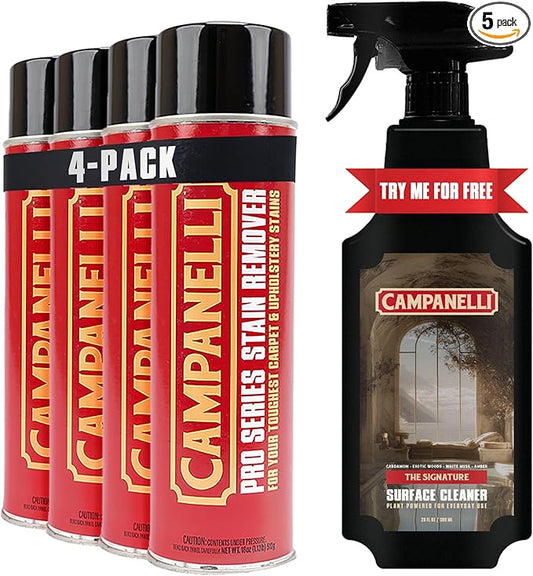 Campanelli Pro Series Stain Remover Point & Spray Carpet & Upholstery Cleaner for Pet Stains & Odors, Food Stains, Wine, Coffee, Dirt and More! â 4 Pack (18oz Each) + Signature Surface Cleaner 20oz
