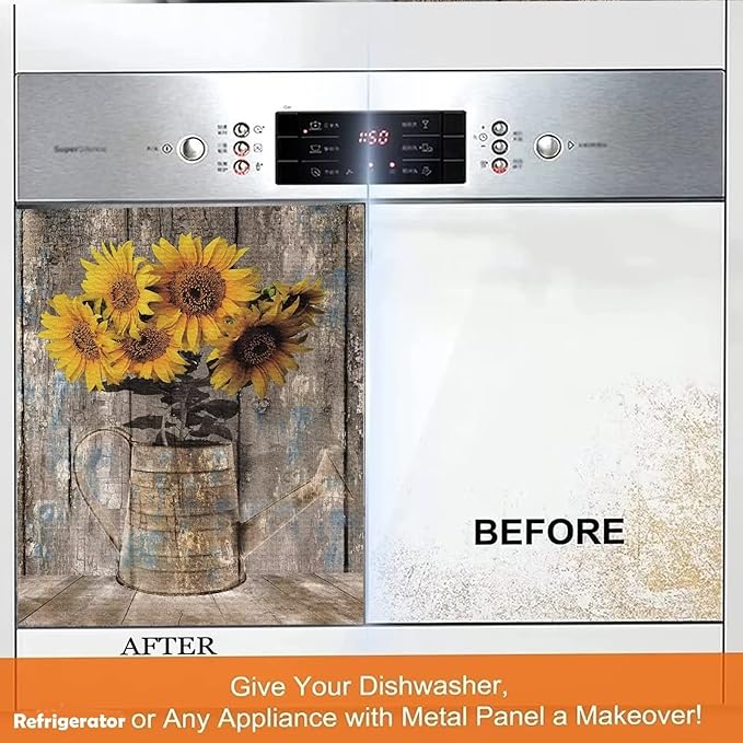 Rustic Wood Dishwasher Cover For Front,Vintage Sunflower Vase Dishwasher Magnet Cover Door Decor Farmhouse Sticker,Country Flower Dishwasher Panel Decal,Home Appliance Decal 23"x26"