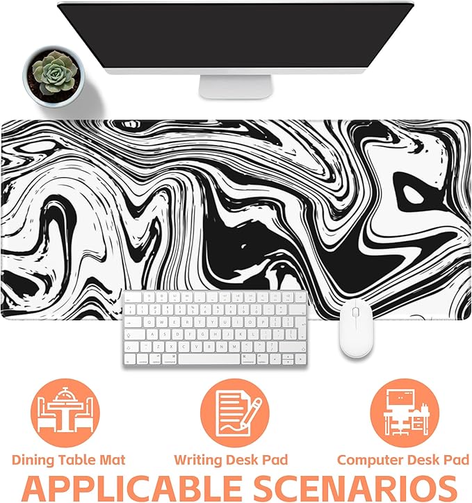 NIYLYNSYN Mouse Pad Large Black and White Fluid Non-Slip Gaming Desk Mat with Stitched Edge Laptop Keyboard Desk Pad for Work Home Gaming (35.4 x 15.7 Inches)