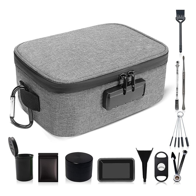 Grey Medium Size Smell Proof Storage Carrier Bag with 11 PCS Accessories, Water-Resistant file Organizers Box Case with Combination Lock, Medicine Container Pouch, Great Gift for Friends.