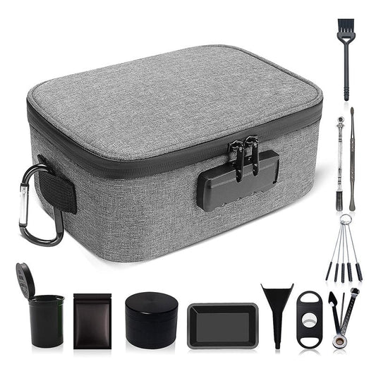 Grey Medium Size Smell Proof Storage Carrier Bag with 11 PCS Accessories, Water-Resistant file Organizers Box Case with Combination Lock, Medicine Container Pouch, Great Gift for Friends.