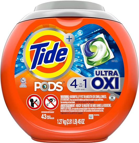 Tide PODS Liquid Laundry Detergent Soap Pacs, 4-n-1 Ultra Oxi, HE Compatible 43 Count, Built in Pre-treater for Stains