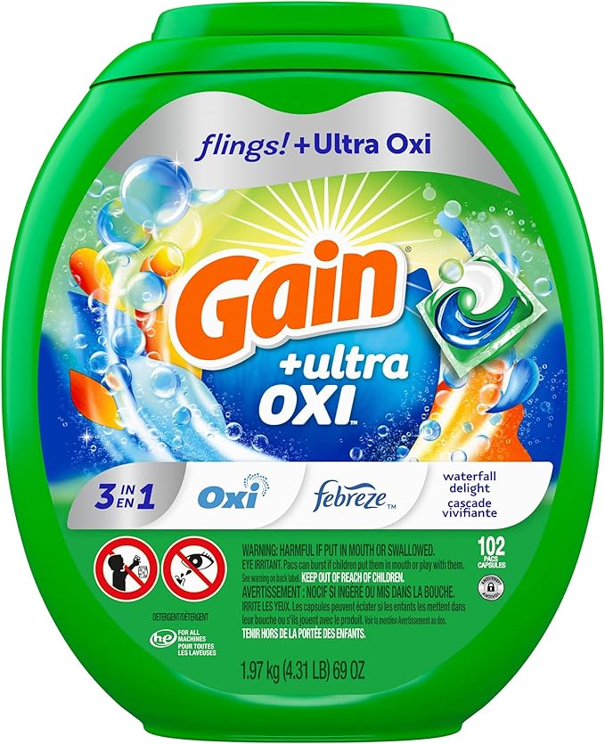 Gain Flings Ultra Oxi Laundry Detergent Pacs, 102 Count, Waterfall Delight Scent, with Odor Defense, concentrated laundry soap pacs
