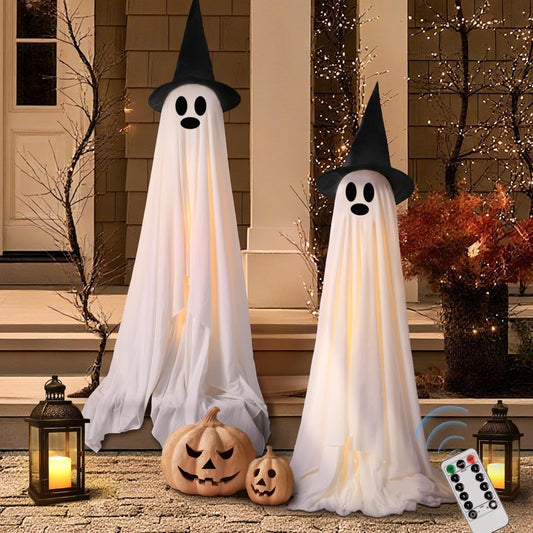 Skiennix Halloween Decorations - Light-Up Spooky Ghosts with LED Strip & Witch Hats | 2 Large Indoor/Outdoor Decor