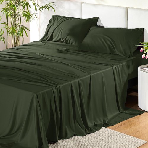Bedsure King Size Cooling Sheets Set - Breathable Bamboo Rayon, Soft & Silky, Deep Pocket Olive Green
