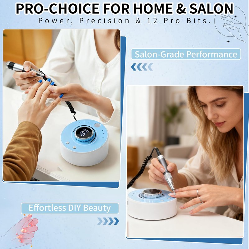 Electric Nail Drill Kit Professional 40000 RPM Nail Grinder, Rechargeable Ultra Power with 12 Pro Salon-Grade Bits for Acrylic Nails Remove, for Salon & Home