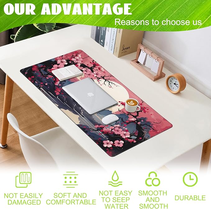 Eflxamz Desk Pad,Pink Cherry Blossom Tree Desk Mat,Mountains and Sun Large Gaming Mouse Pad for Desk,Extended Big Computer Keyboard Mouse Pad with Non-Slip Base and Stitched Edge,35.4"x15.7"