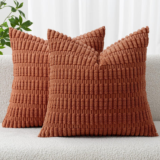 MIULEE Decorative Pillow Covers - Pack of 2 Soft Dark Rust Corduroy | 18x18 Inch Boho Striped Design for Modern Farmhouse Decor