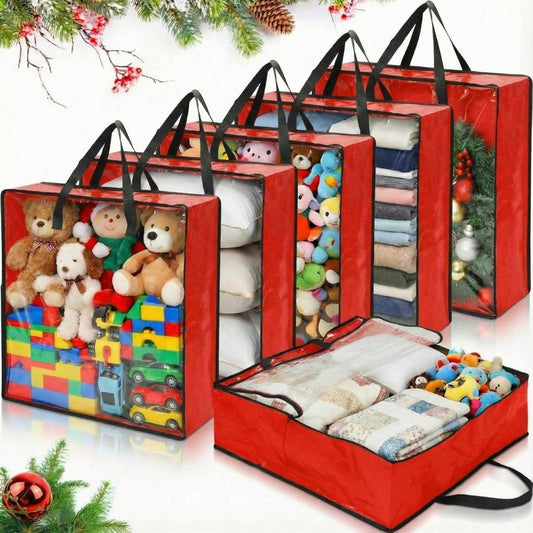 Storage Bags - Oversized 25 Gallon Zipper Tote Bags for Clothes & Decorations | 6 Pack, Red 26 x 26 x 8.7 Inches