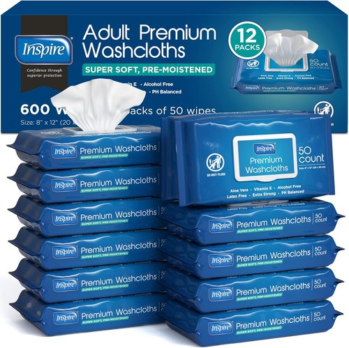Inspire Adult Wet Wipes - Incontinence & Cleansing Wash Cloths for Elderly | 8"x12", Pack of 50