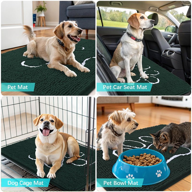 OLANLY Dog Door Mat for Muddy Paws 24x16, Paw Print Design, Absorbs Moisture and Dirt, Absorbent Non-Slip Washable Doormat, Quick Dry Chenille Mud Mat, Entry Indoor Entryway Carpet, Blackish Green
