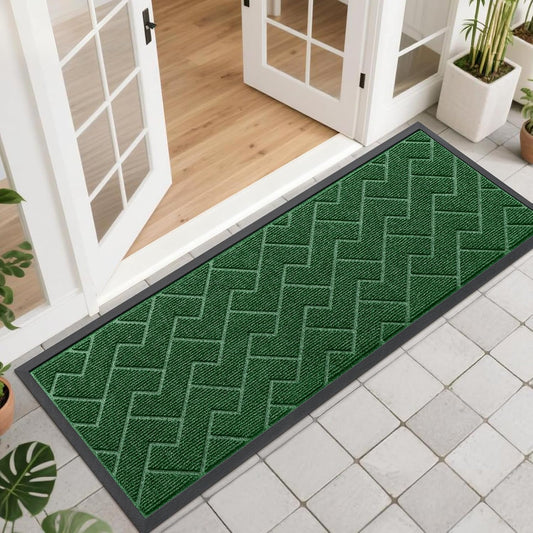 OLANLY Indoor Outdoor Front Door Mat - Waterproof All-Weather Herringbone Design | Easy Clean, 47x17 Inches (Green)