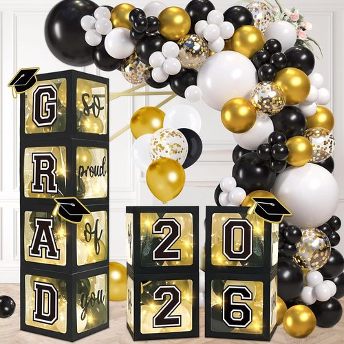 DAZONGE Graduation Decorations 2026 - Black and Gold Set with 4 Grad Boxes, 139pcs Balloon Arch & 4 Light Strings