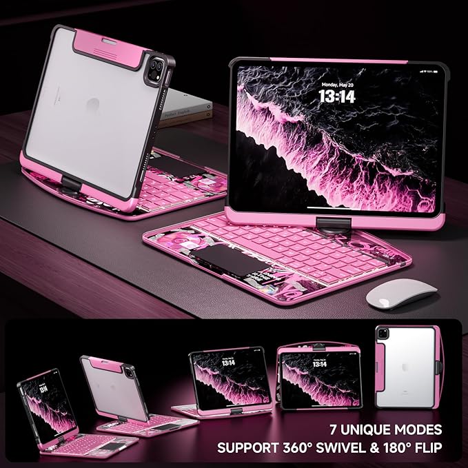 Tiaota Transparent Case with Keyboard for iPad Pro 11-inch(M5/M4, 2025/2024),with 7-Color Backlit Wireless Keyboard, 360°Rotatable Protective Case Multi-Touch Trackpad,with Shortcuts,Pink