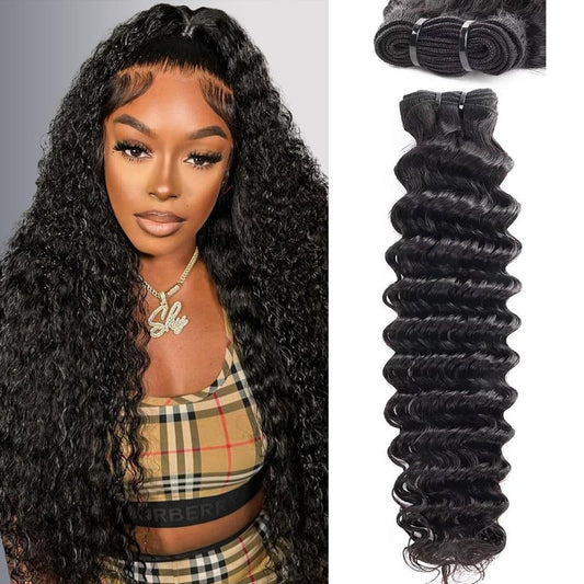 Deep Wave Human Hair Bundles 16 Inch Deep Wave Bundles 100% Unprocessed Brazilian Virgin Hair 1 Bundles Curly Bundles Hair Extensions Real Human Hair Wavy Quick Weave Bundles Natural Black