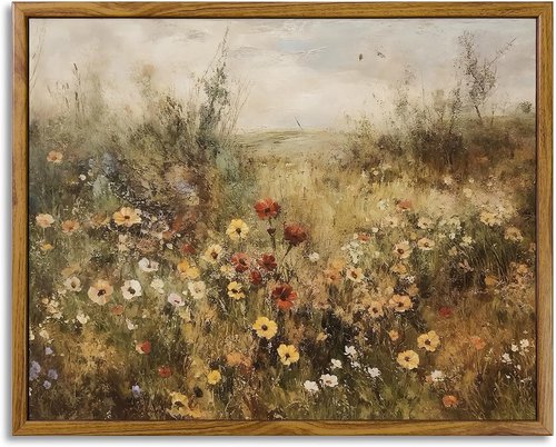 Framed Canvas Wall Art - Vintage Landscape Painting for Living Room & Bedroom Decor | Wildflower Meadow at Dusk