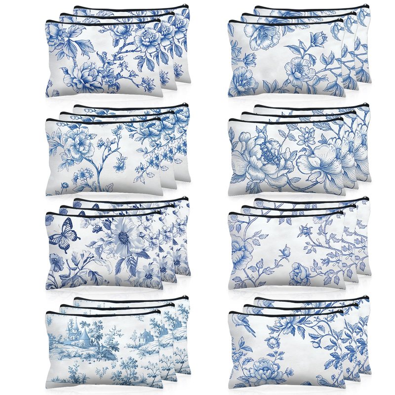 Stuffygreenus 24 Pcs Floral Cosmetic Bags Bulk for Women Blue and White Floral Makeup Bags Chinoiserie Canvas Travel Zipper Pouches Aesthetic Toiletry Bag for Girls Women Bridesmaids Wedding Supplies