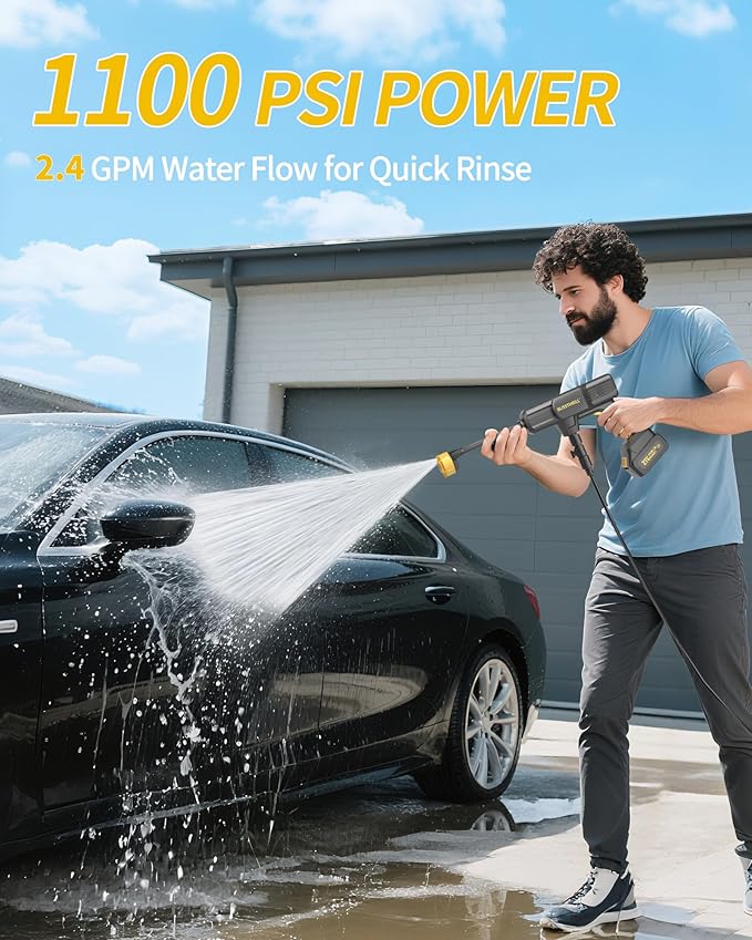 Cordless Portable Washer, 1100 PSI Battery Operated Washer with All-Copper Motor, Battery, 23FT Elastic Hose, Storage Bag; Handheld Lightweight Car Washer for Home, Garden