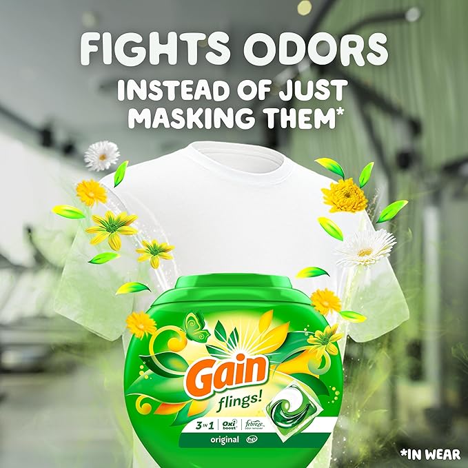 Gain Flings Laundry Detergent Pacs, Odor Defense, 112 Count, Original Scent, 3 in 1 HE Compatible Detergent Pacs with Oxi Boost and Febreeze