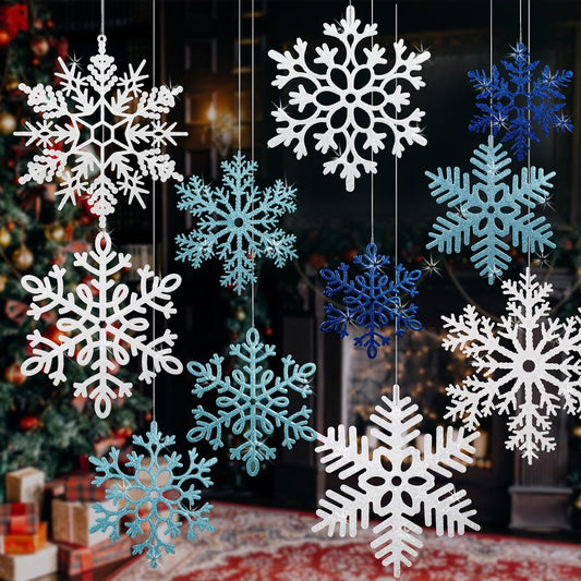 Skiennix 12 PCS Large Snowflake Ornaments - Glittering Winter Decor for Indoor/Outdoor Trees (White/Blue)