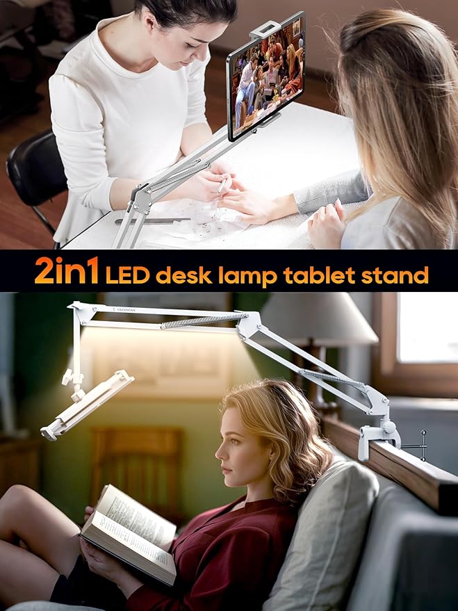 CACENCAN Tablet Stand, Tablet Mount Adjustable with Light, Universal Flexible Tablet Holder with 360 Degree Rotation for iPad/iPhone/iPad Pro/N-Switch,or Other 4.5~13.5 Inches Devices (White)