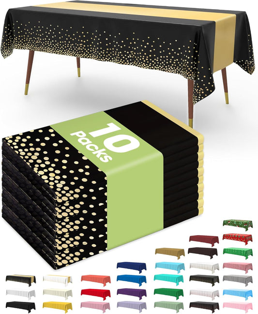 Pureegg Disposable Plastic Tablecloths - 10 Pack, 54 x 108 Inch, Sturdy Leakproof Design, Black Gold