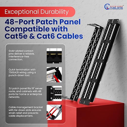 NewYork Cables 48 Port Cat6 Patch Panel, 10Gb Ethernet, 2U 19-Inch Rack or Wall Mount, UTP Network Patch Panel, Heavy-Duty Steel, Color-Coded T568A/B, 110/Krone Compatible, Black