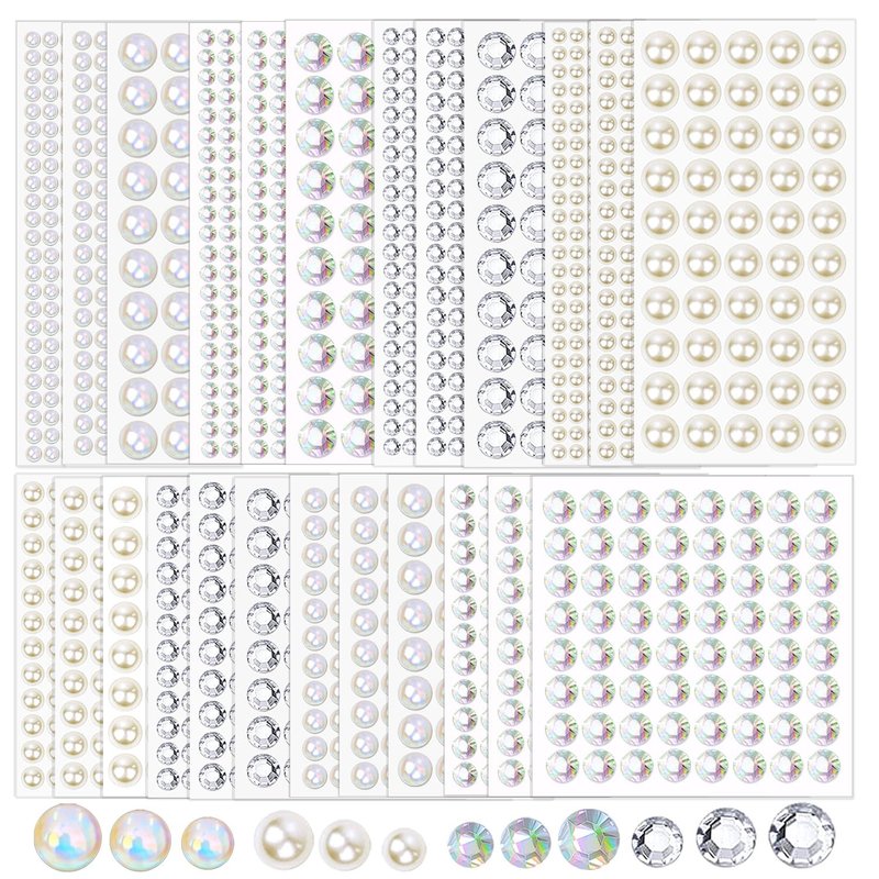 Unixing 3000Pcs Self Adhesive Pearls and Rhinestones Stickers, Stick on Rhinestone Hair Pearl Diamond Stickers Self Adhesive Face Gems Hair Gems for Face Makeup Nail Art Cell Phone DIY Crafts