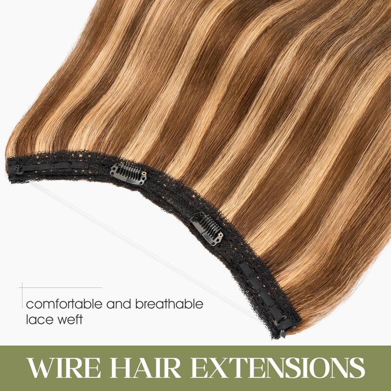 Charites Halo Hair Extensions Real Human Hair Invisible Wire Extensions with Transparent Fish Line Adjustable Size Medium Brown & Dark Blonde 12 inch