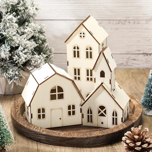 Wonderjune Christmas Village Set - 3 Piece DIY Wooden House Craft Kit for All Ages | 8 Inch Size