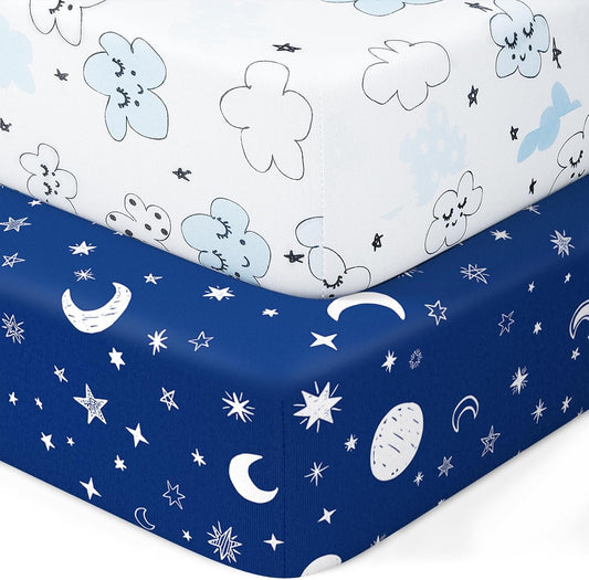 Pack N Play Sheets by [Brand Name] - Fitted 2-Pack for Standard Mattresses | Soft Breathable Unisex Design (Starry Sky & Clouds)