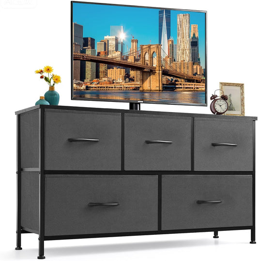 Regine Switzerland 5-Drawer Dresser - Anti-Tip Fabric Storage Organizer with Wooden Top | Gray