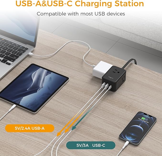 TESSAN Small Flat Plug Power Strip, Ultra Thin Extension Cord 5 ft, 3 AC Outlets with 3 USB Ports (1 USB C), Multiple Wall Outlet Extender for Cruise Travel Office School Dorm Room Essentials, Black