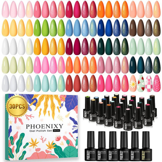 phoenixy 30 PCS Gel Nail Polish, 24 Colors Soak Off Gel Nail Polish Set Pink Blue with Base Matte Glossy Glitter Top Coat Home Manicure Art Beginners Gift for Women