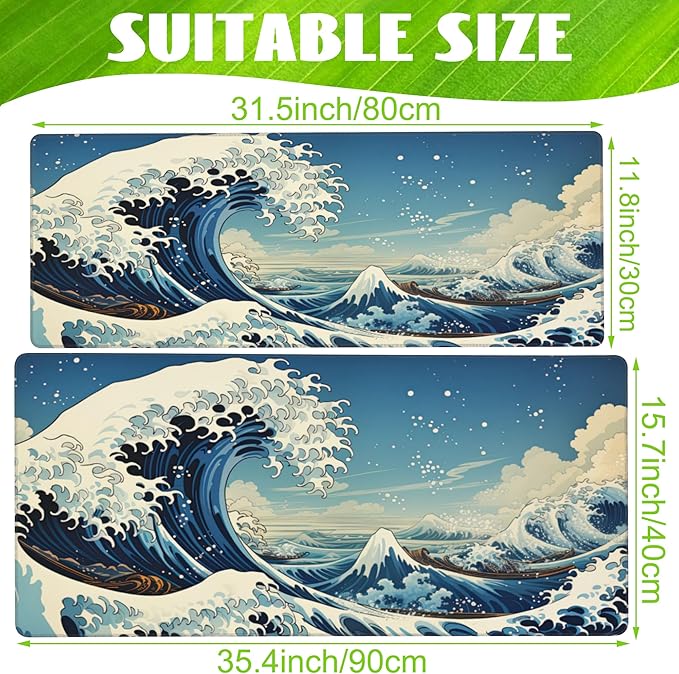 Eflxamz Desk Mat,Blue Japanese Sea Wave Desk Pad,Japanese Sea Wave Large Gaming Mouse Pad for Desk,Extended Big Computer Keyboard Mouse Pad with Non-Slip Base and Stitched Edge,31.5"x11.8"