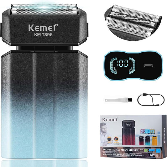 Kemei KM-T396 Foil Shaver for Men, Electric Razor for Men with 3 Floating Blades, 7500 RPM Rechargeable Cordless Men’s Electric Shaver, Type-C, 120 Min Runtime, LED Display, Travel Lock, Blue