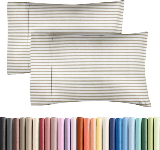 Skiennix Queen Pillow Cases Set of 2 - Ultra Soft Hotel Quality - Wrinkle Free & Fade Resistant - Beige Stripes