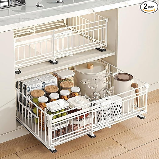 NETEL 2 Pack Expandable Pull Out Cabinet Organizer, Raised 6.69" guardrail, Adjustable Width 13"-20.07", 3 Rails No Drill Adhesive Peel And Stick, Adhesive Pull Out Drawers for Cabinets, White