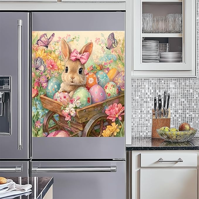 NYZE Easter Dishwasher Magnets Cover, Bunny Dishwasher Magnetic Sticker Decorative, Reusable Dish Washer Cover for Dishwashers (Bunny in Wagon)