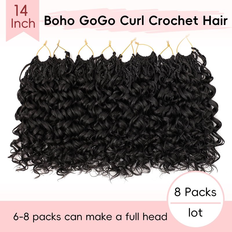 Aoisvk 8 packs GoGo Curl Crochet Hair Pre twisted 14 Inch Curly Crochet Hair for Women Pre looped Boho Box Braids with Curly Ends Beach Curl Water Wave Synthetic Hair Extensions 1B