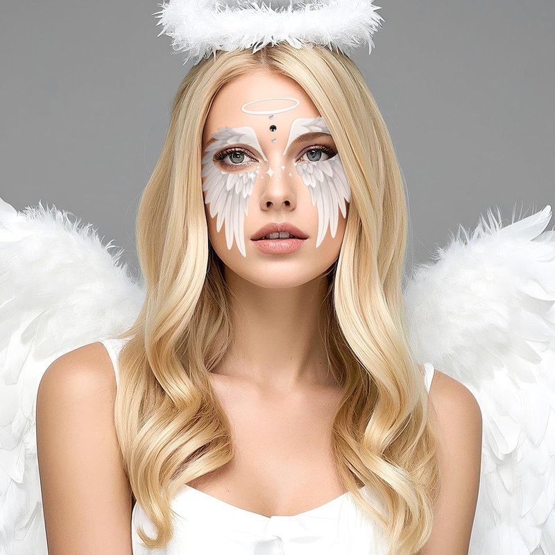 HOWAF Halloween Angel Face Tattoos, 2 Angel Wing Full Face Temporary Tattoos with 2 Sheets Jewels Tattoos Sticker for Hallows' Eve Costumes Accessories, Black and White Fallen Angels Tattoo Stickers
