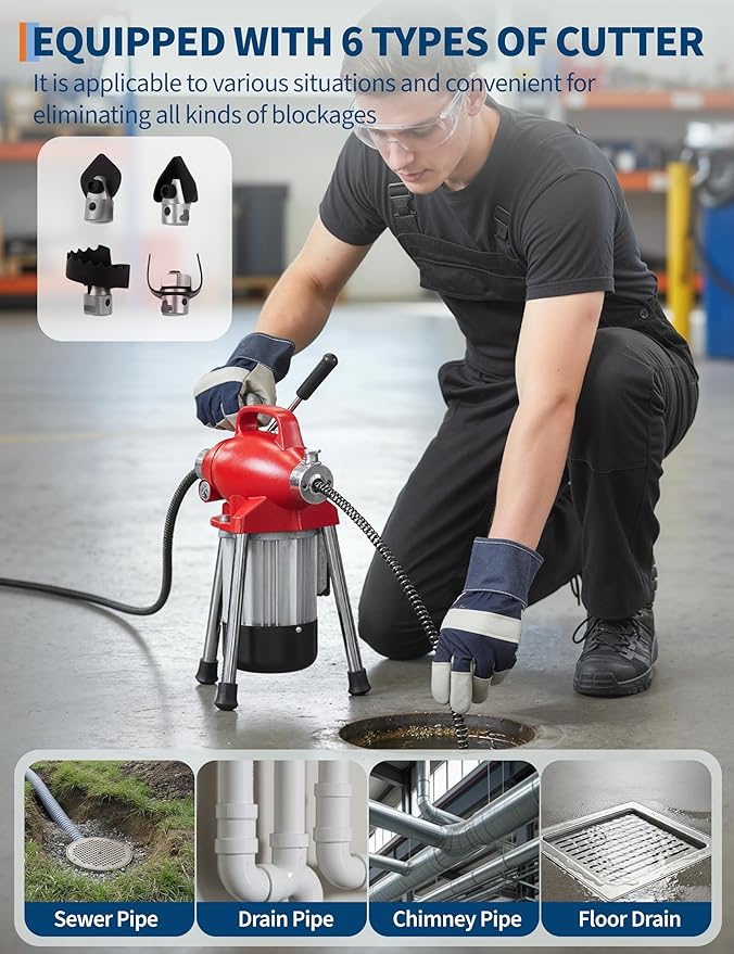 Portable Drain Cleaner Machine with 66FT x 5/8" & 16FT x 3/8" Steel Cables, 7 Cutters, Electric Sewer Snake Drain Auger, 500w Power Drain Cleaner Machine, Auto Feed Pipe Snake for 3/4" to 4" Pipes