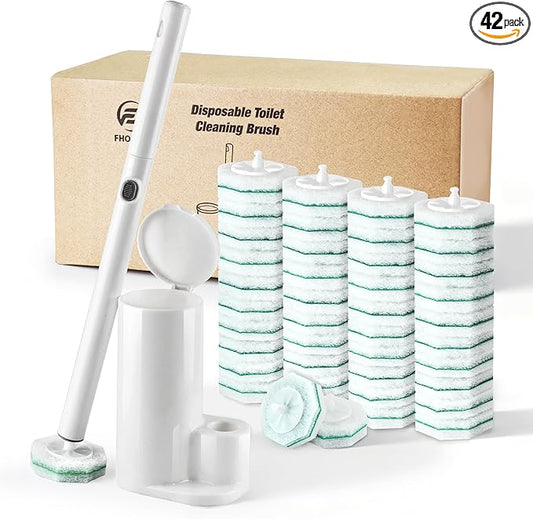 Disposable Toilet Brush and Holder with 42 Replacement Heads, Wall Mounted Toilet Wand Refills Kit, Fresh Scented Bathroom Cleaning System(Rainforest Rush)