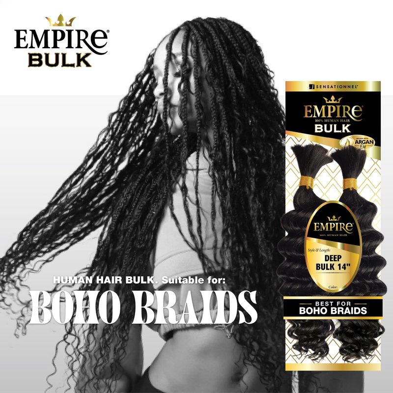 Sensationnel Empire Bulk Braiding – Deep Human Hair Braids for Knotless Boho Box or Curly Loose Wave Styles - 1 pack (14 inch, 1B OFFBLACK)