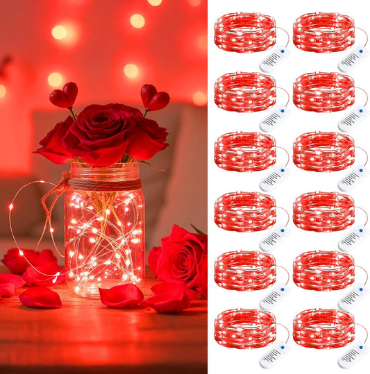 Minetom 12 Pack Red Christmas Lights - 7ft Battery Operated Fairy Lights | 20 LED Waterproof Twinkle Lights for Valentine's Day Decor
